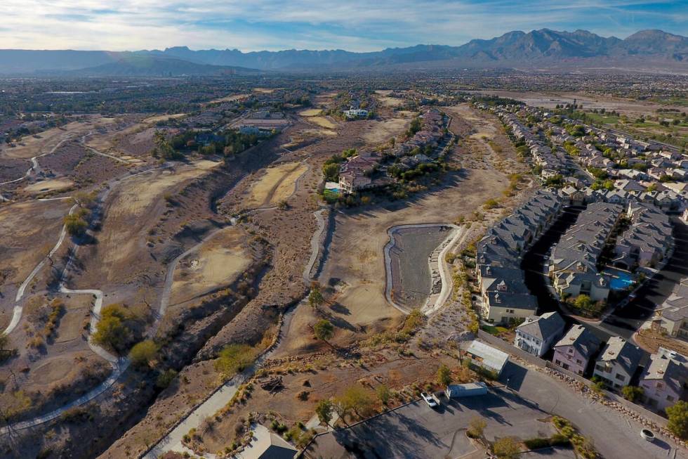 An aerial view of the Badlands golf course in the Queensridge housing development on Wednesday, ...