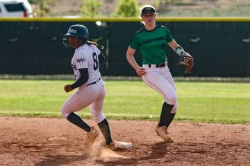 Shadow Ridge High School’s Jimena Barraza (8) runs through second base next to Palo Verd ...