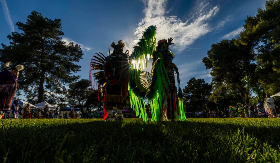 Dancers are introduced to the crowd during the Powwow for the Planet at UNLV on Friday, April 1 ...