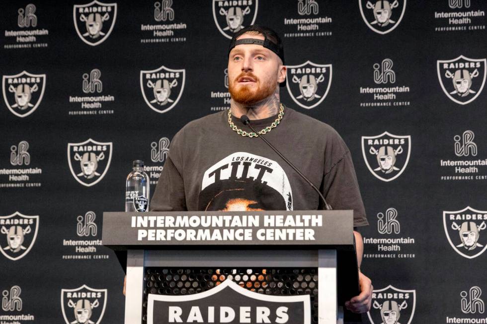 Raiders defensive end Maxx Crosby answers questions during a media availability on the first da ...