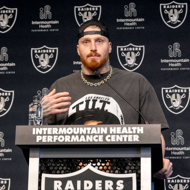 Raiders defensive end Maxx Crosby answers questions during a media availability on the first da ...