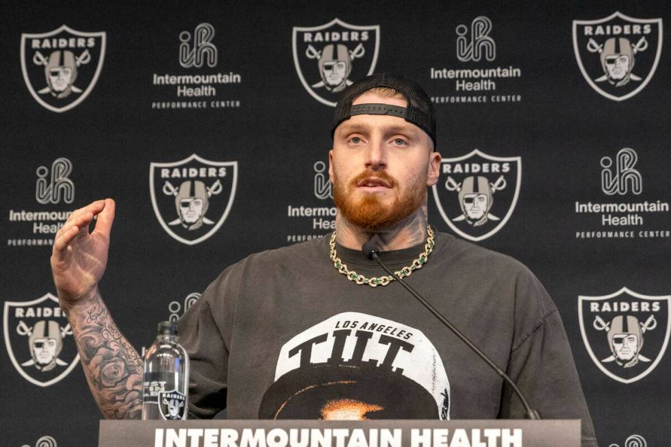 Raiders defensive end Maxx Crosby answers questions during a media availability on the first da ...