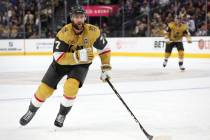 Golden Knights defenseman Alex Pietrangelo (7) skates during the third period of an NHL hockey ...