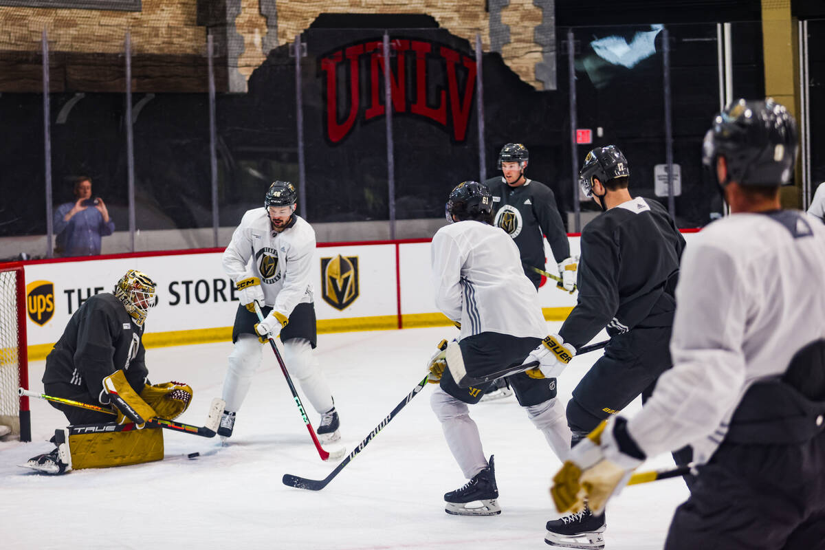 Golden Knights goalie Adin Hill blocks a shot during practice at National City Arena in Las Veg ...