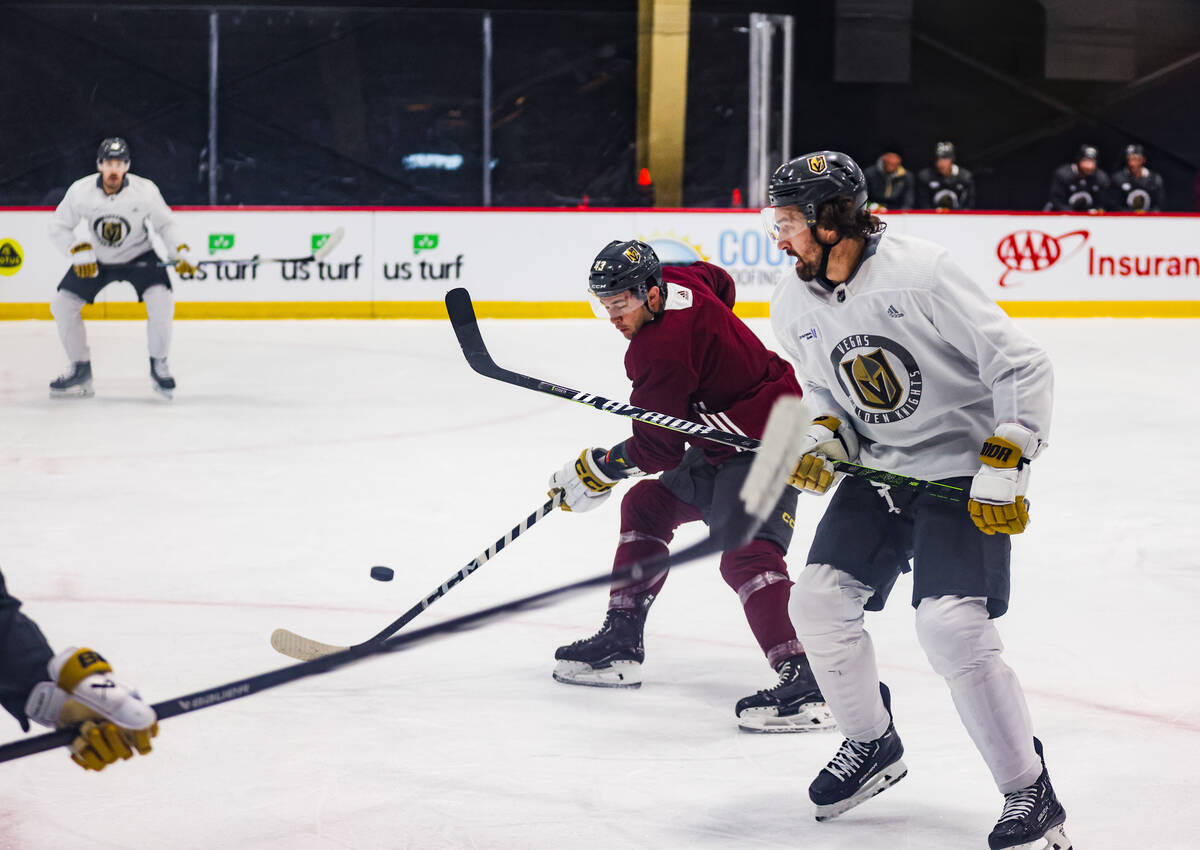 Golden Knights center Paul Cotter, left, plays alongside Golden Knights right wing Mark Stone d ...