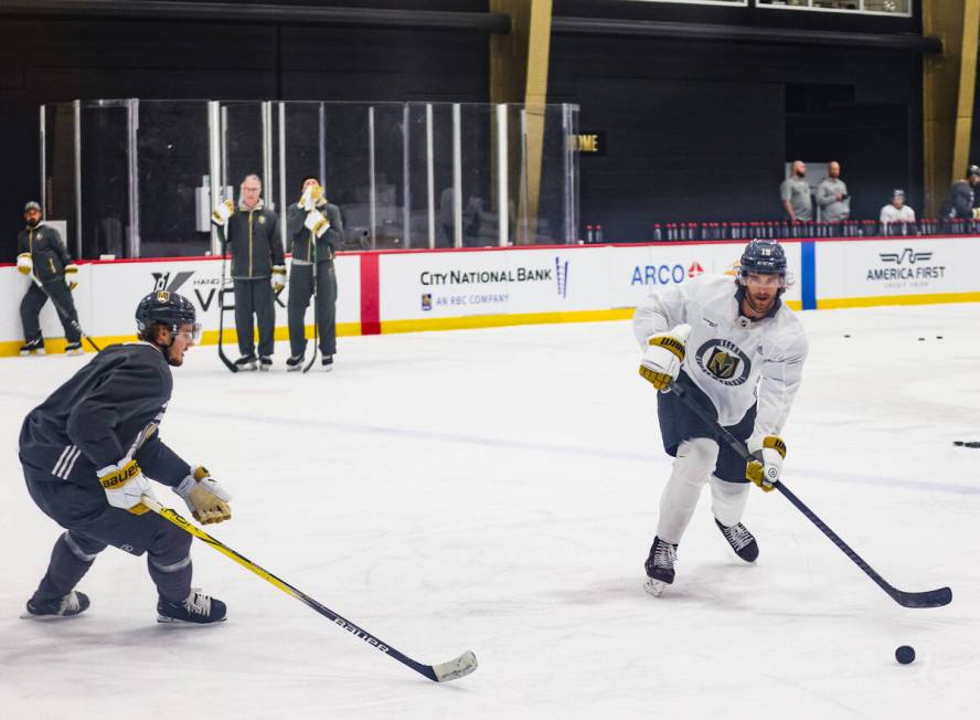 Golden Knights defenseman Noah Hanifin plays during practice at National City Arena in Las Vega ...