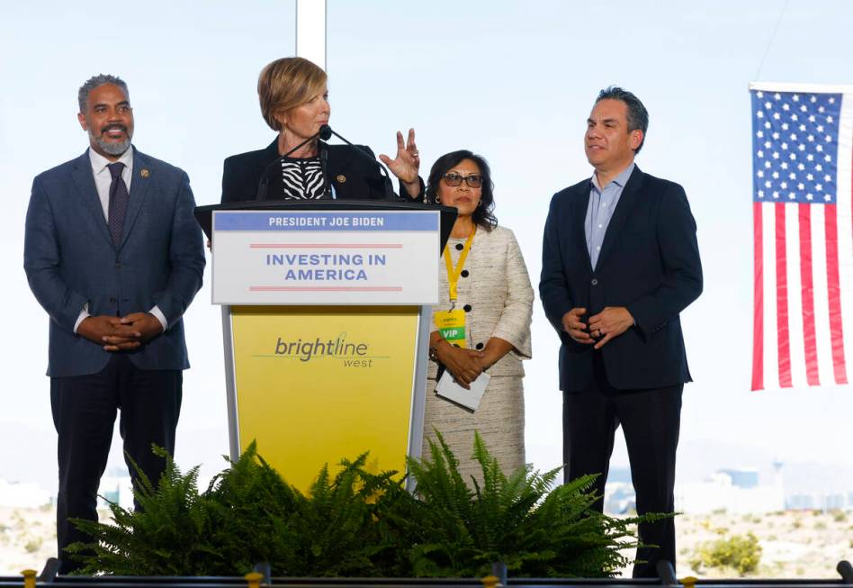 Congresswoman Susie Lee speaks as Rep. Steven Horsford, left, Congresswoman Norma Torres repres ...