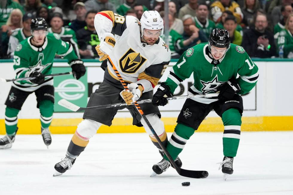 Vegas Golden Knights left wing William Carrier (28) and Dallas Stars center Logan Stankoven (11 ...