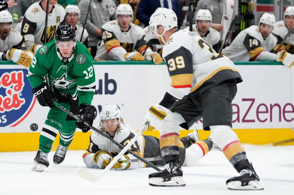 Dallas Stars center Radek Faksa (12) looks to take control of the puck in front of Vegas Golden ...