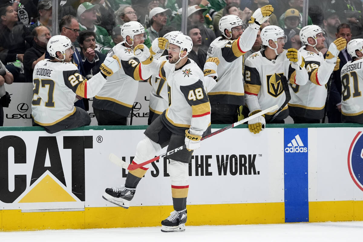 Vegas Golden Knights center Tomas Hertl (48) celebrates with the bench after scoring against th ...
