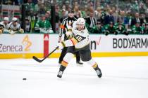 Vegas Golden Knights defenseman Noah Hanifin shoots in Game 1 of an NHL hockey Stanley Cup firs ...