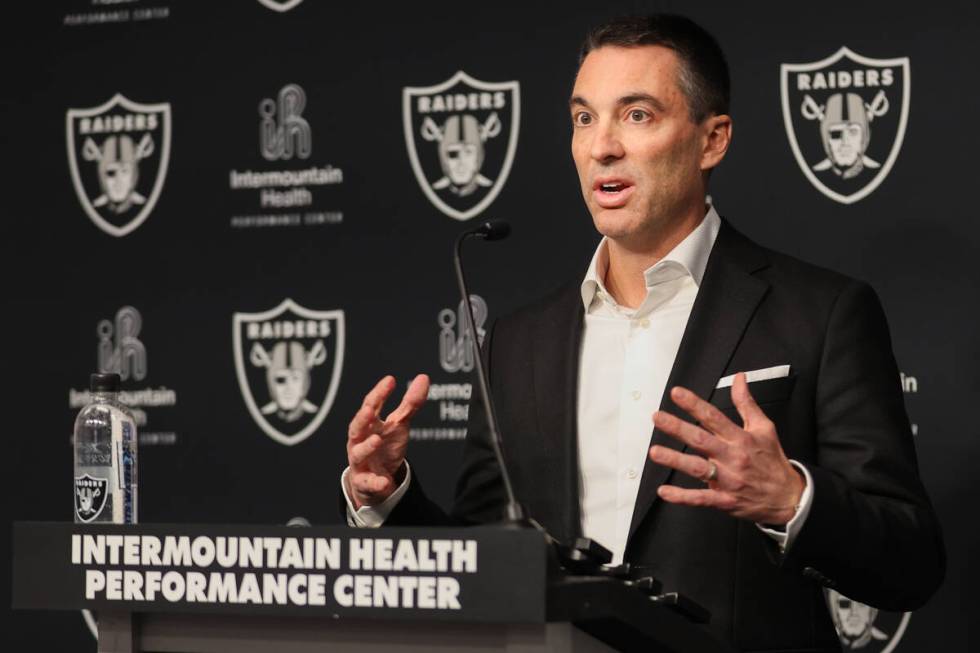 Las Vegas Raiders general manager Tom Telesco speaks during a news conference after the Raiders ...