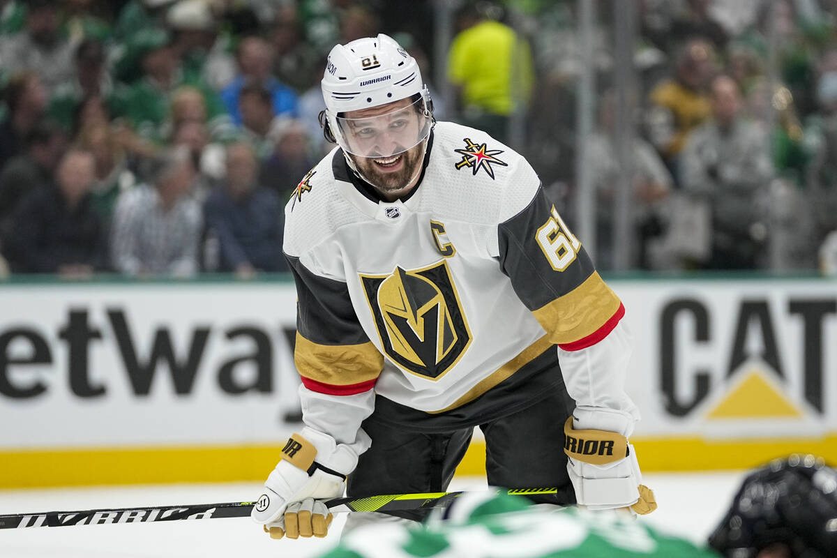 Vegas Golden Knights right wing Mark Stone looks on during the second period in Game 2 of an NH ...
