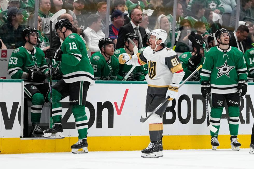 Vegas Golden Knights right wing Jonathan Marchessault (81) celebrates his first period goal in ...