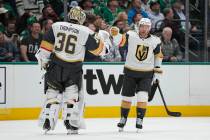 Vegas Golden Knights right wing Jonathan Marchessault, right, celebrates his first period goal ...