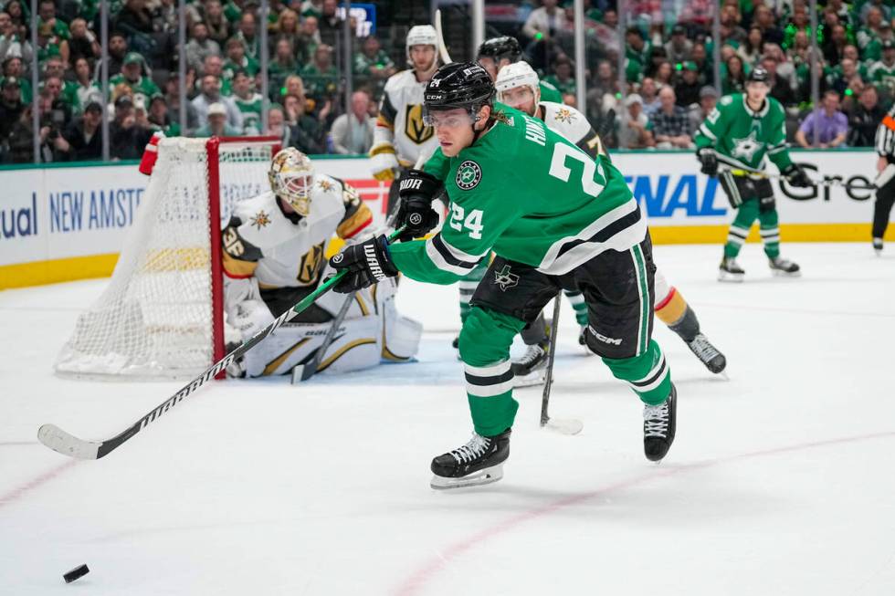 Dallas Stars center Roope Hintz (24) chases the puck against the Vegas Golden Knights during th ...