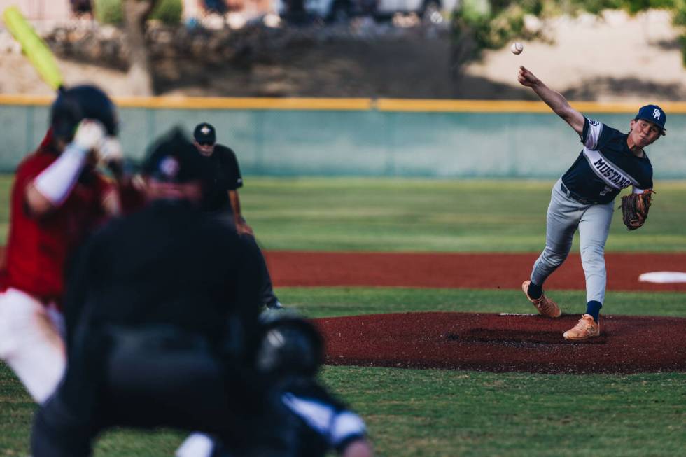 Shadow Ridge pitcher Brock Morrow (7) throws the ball from the mound during a high school baseb ...