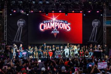 Aces Head Coach Becky Hammon talks to the fans during their championship celebration at Toshiba ...