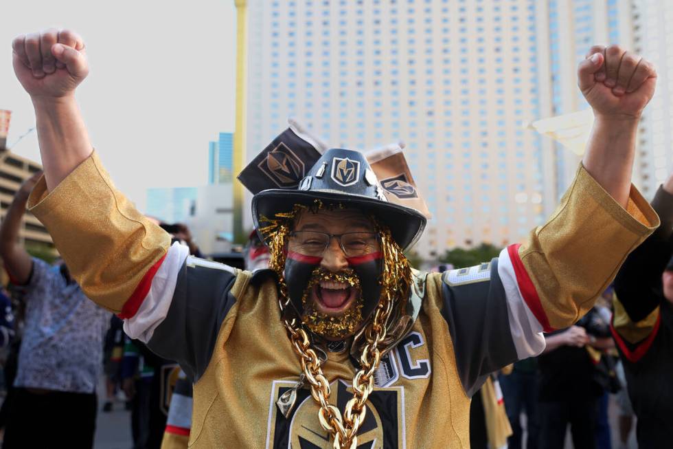 Golden Knights fan Albert Ronquillo cheers for his team before Game 3 of an NHL hockey Stanley ...