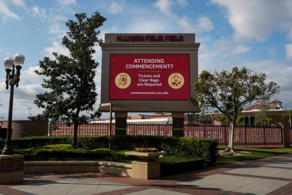 A display shows commencement-related information on the University of Southern California campu ...