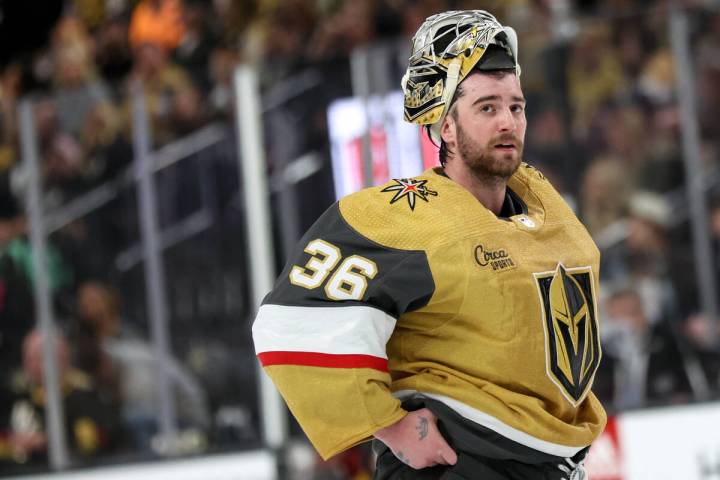 Golden Knights goaltender Logan Thompson (36) skates toward the net during the second period in ...