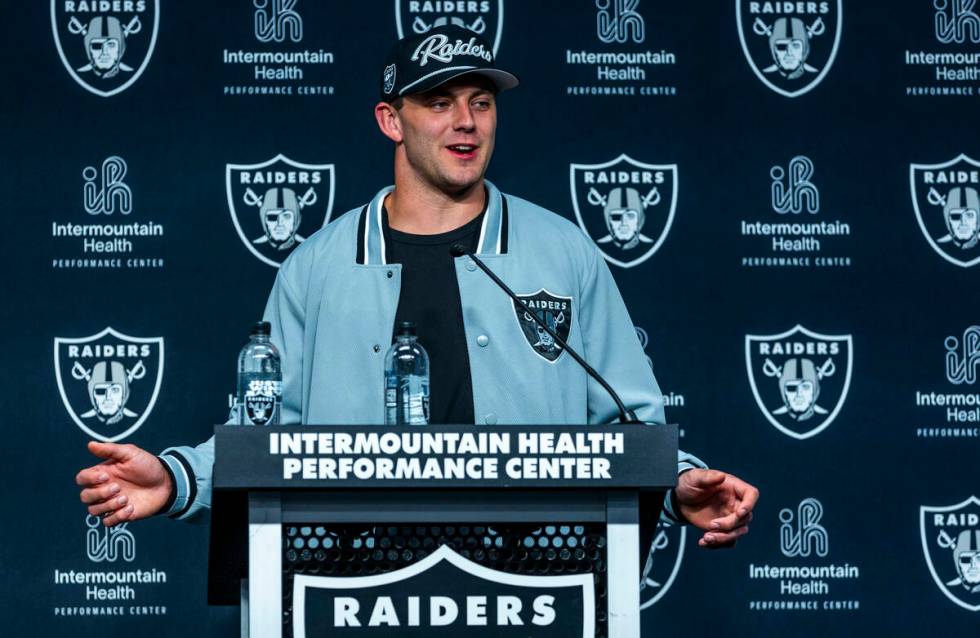 Raiders first round draft pick Brock Bowers speaks during a press conference at the Raiders Hea ...