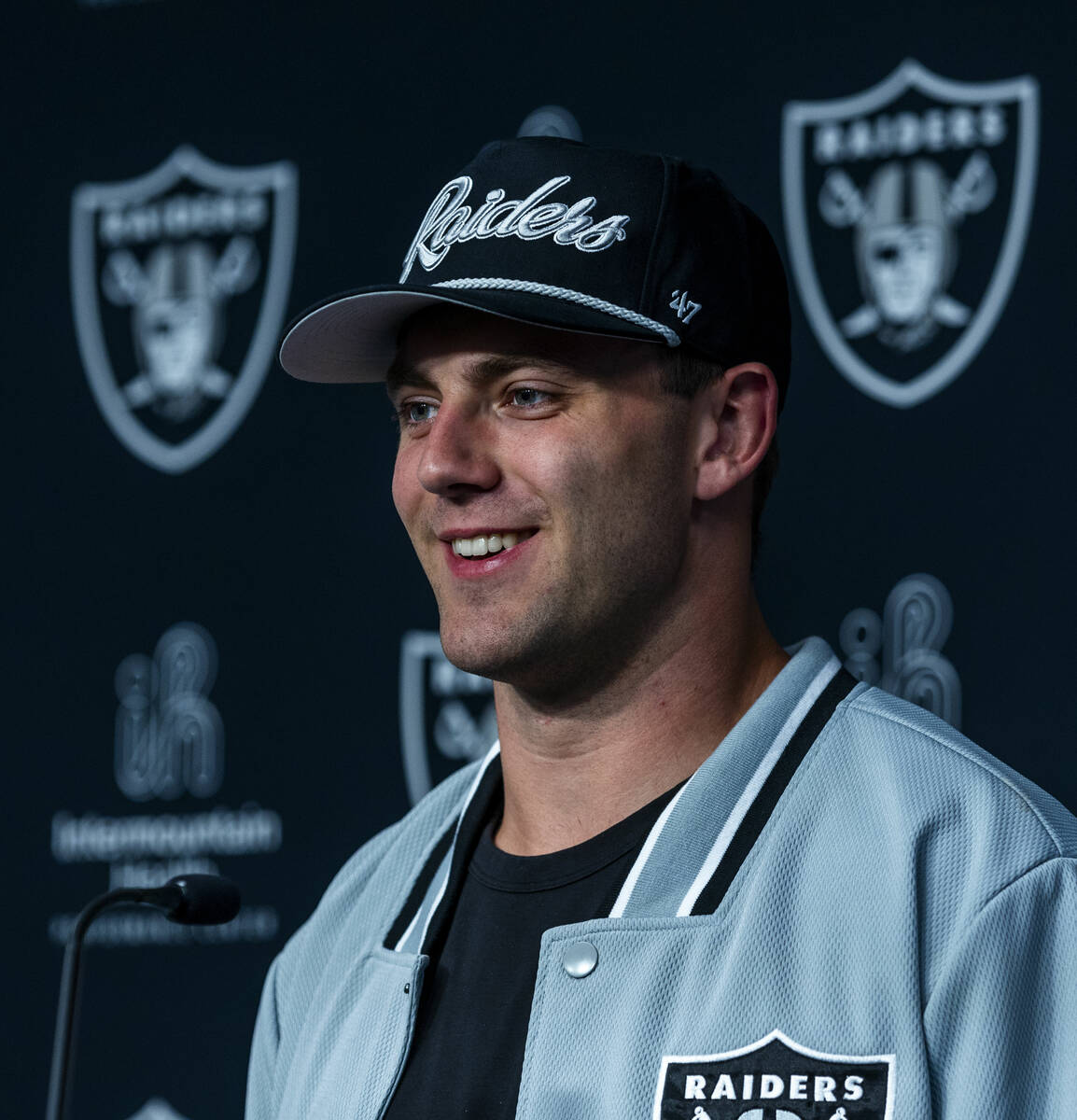 Raiders first round draft pick Brock Bowers speaks during a press conference at the Raiders Hea ...