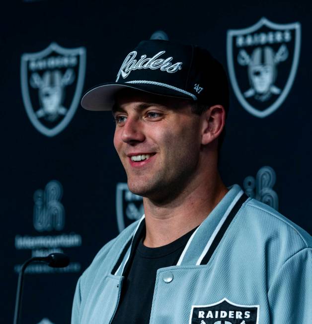 Raiders first round draft pick Brock Bowers speaks during a press conference at the Raiders Hea ...