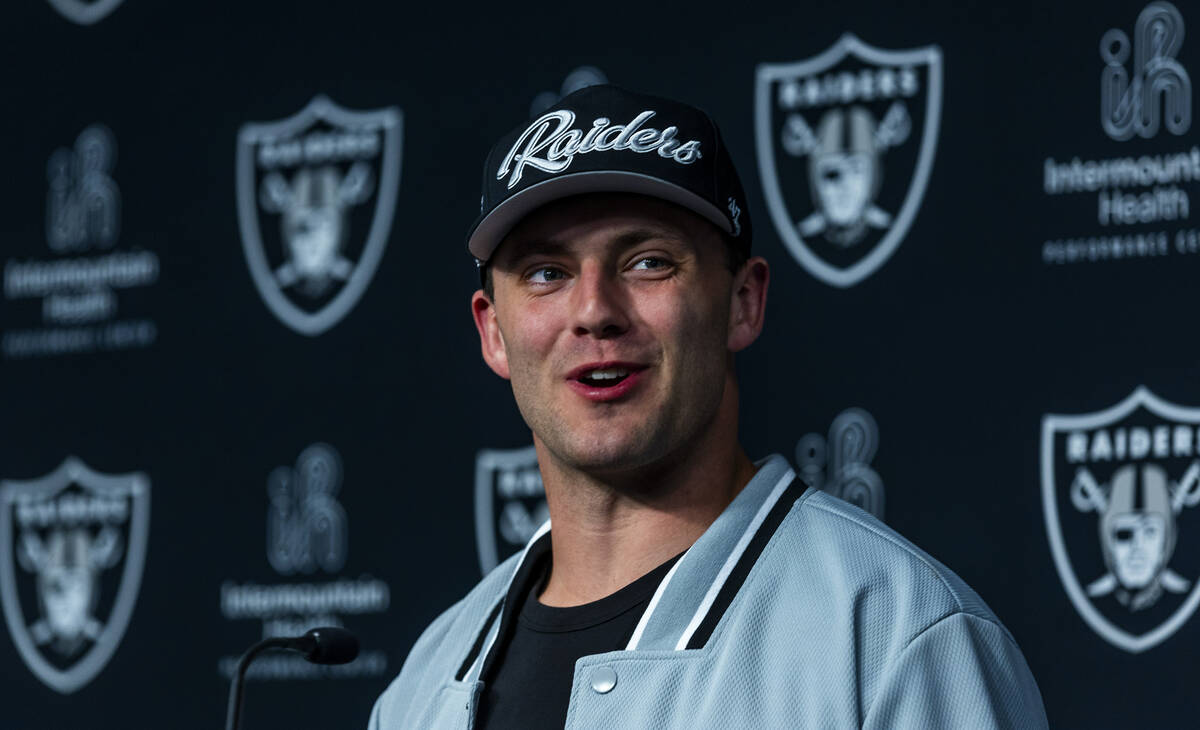 Raiders first round draft pick Brock Bowers speaks during a press conference at the Raiders Hea ...