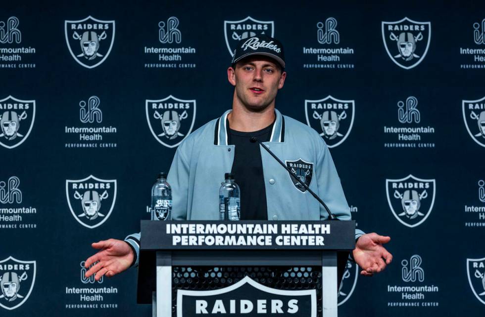 Raiders first round draft pick Brock Bowers speaks during a press conference at the Raiders Hea ...