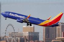 A Southwest Airlines plane takes off in Las Vegas on Thursday, Feb. 27, 2020. (Elizabeth Page B ...