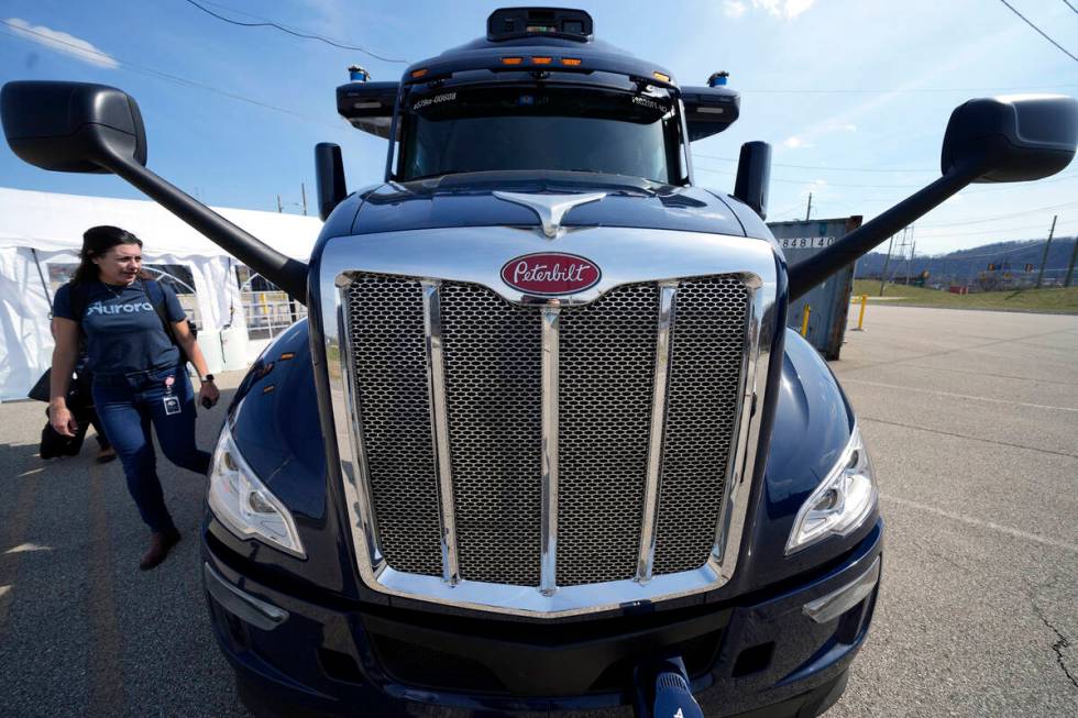 A self-driving tractor trailer is displayed at a test track in Pittsburgh, Thursday, March 14, ...