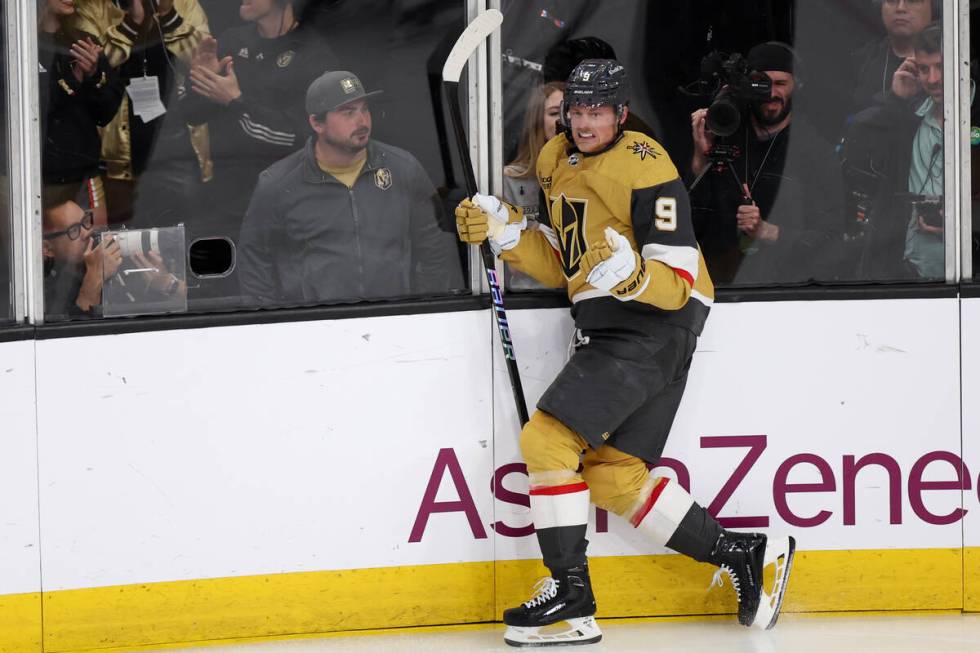 Golden Knights center Jack Eichel (9) celebrates after scoring during the second period in Game ...