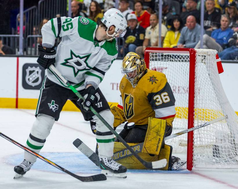 Golden Knights goaltender Logan Thompson (36) stops a shot by Dallas Stars center Matt Duchene ...