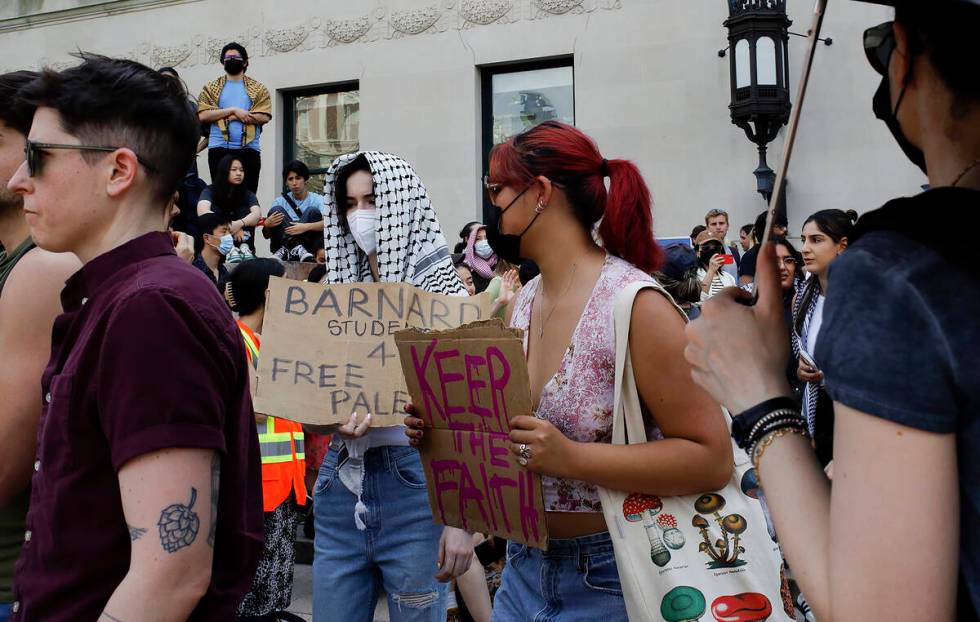 Students protesters gather at an encampment on the Columbia University campus protesting the wa ...