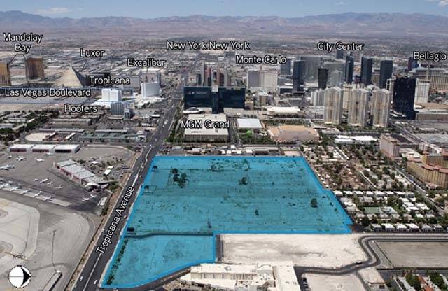 This image looking west along Tropicana Avenue shows the 42 acre site, highlighted in blue. (Co ...