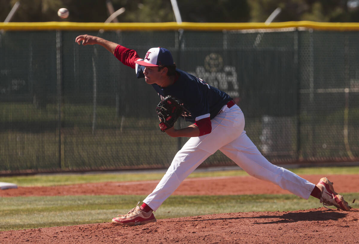 Liberty’s Dominic Ostolaza (33) pitches to Spring Valley during a baseball game at Liber ...