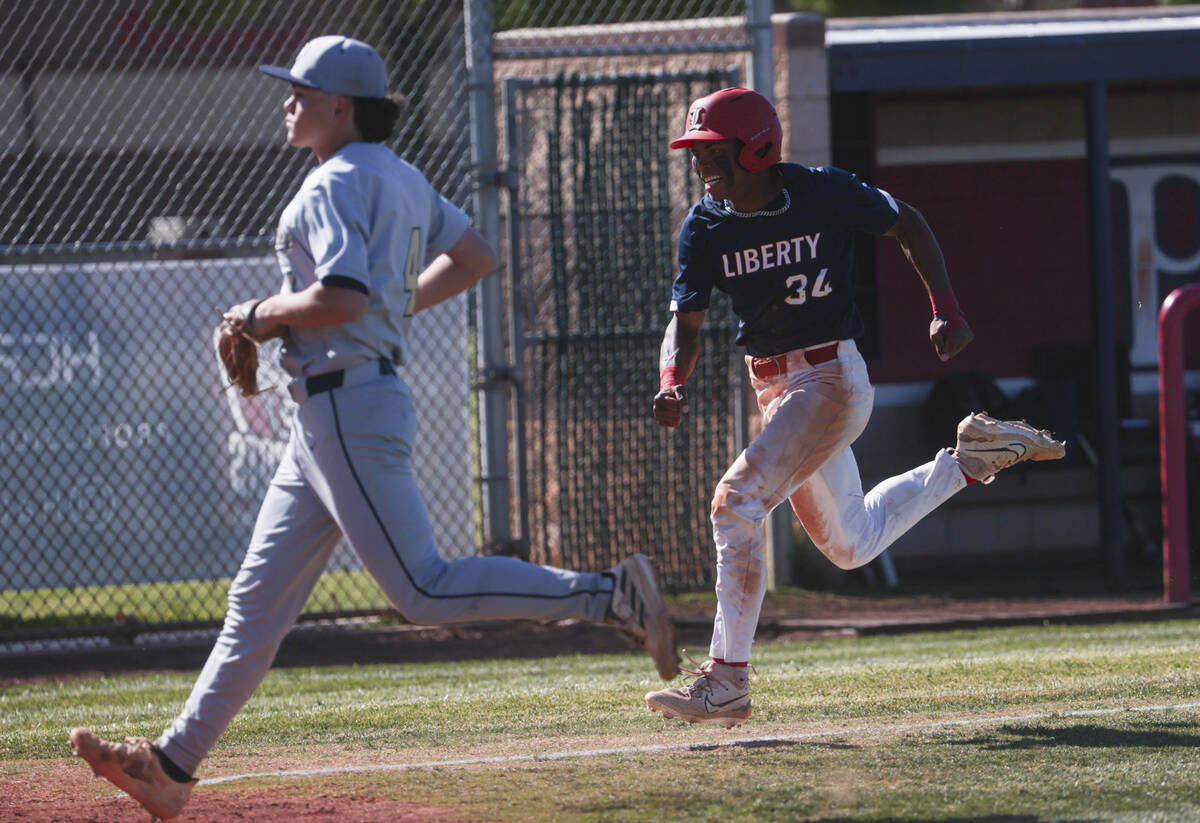 during a baseball game at Liberty High School on Monday, April 29, 2024, in Henderson. (Chase S ...