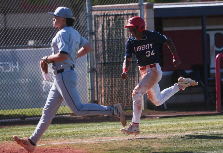 during a baseball game at Liberty High School on Monday, April 29, 2024, in Henderson. (Chase S ...