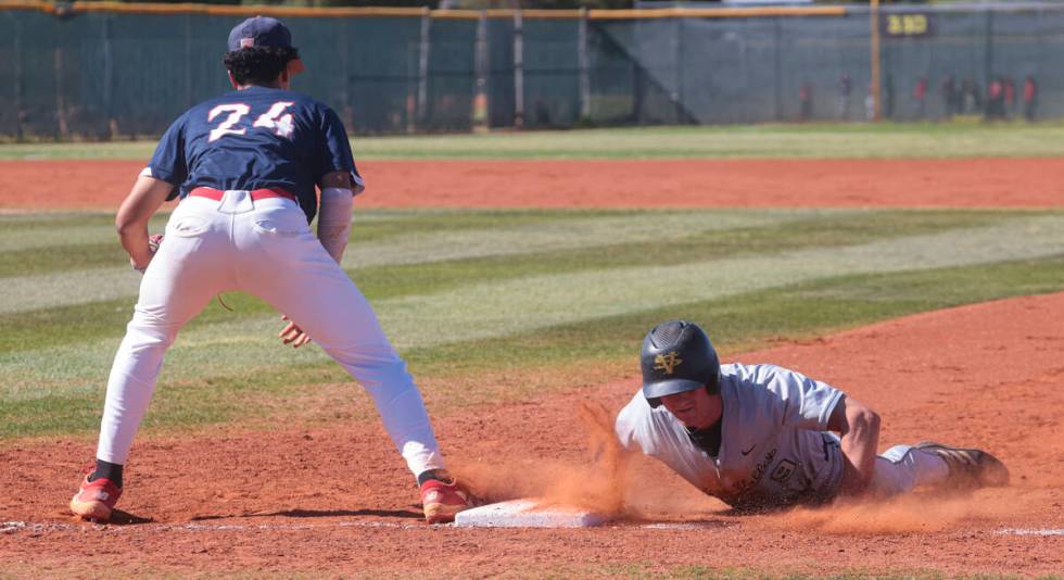 during a baseball game at Liberty High School on Monday, April 29, 2024, in Henderson. (Chase S ...