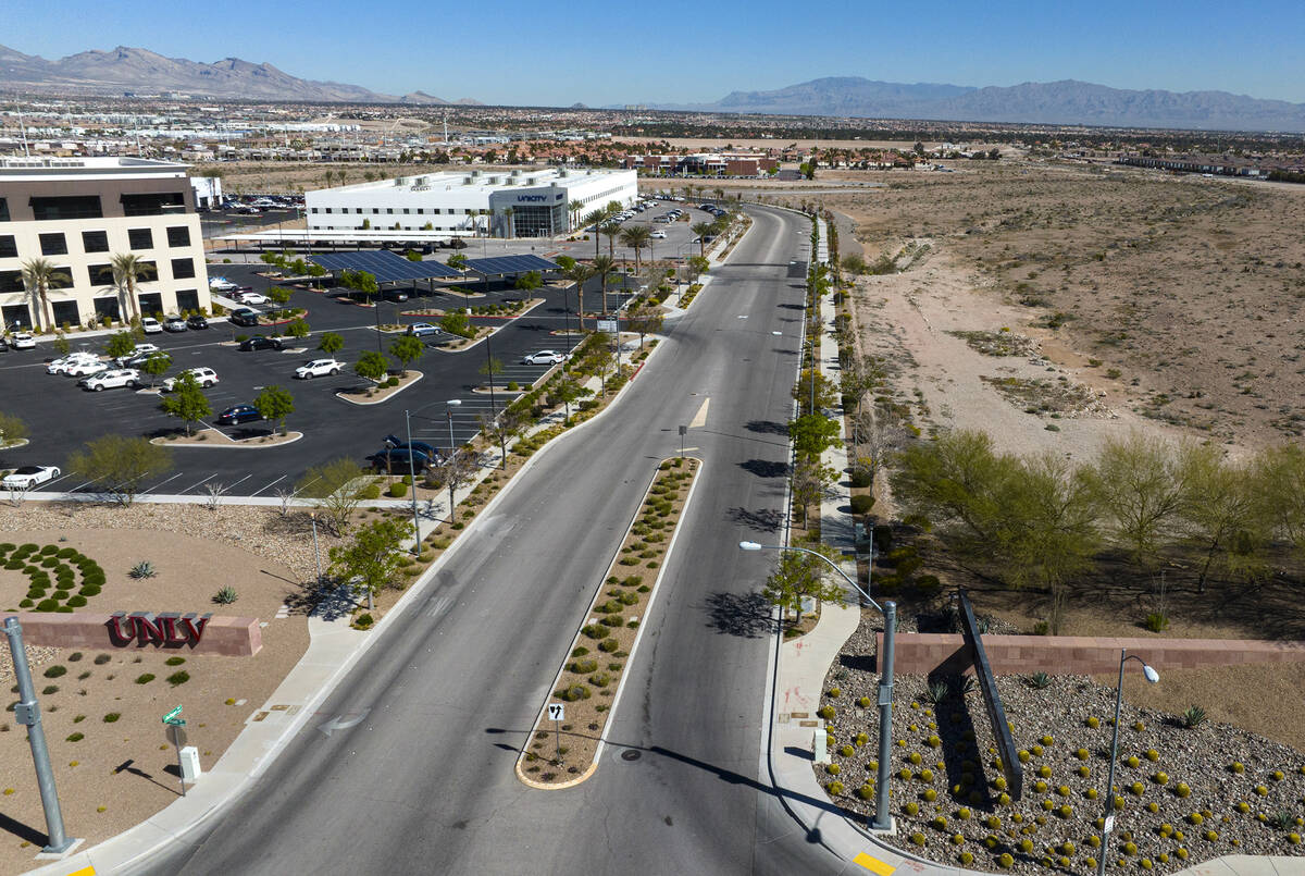 From left, UNLV Black Fire Innovation, the first flagship tech building, the UNICITY Nevada bui ...