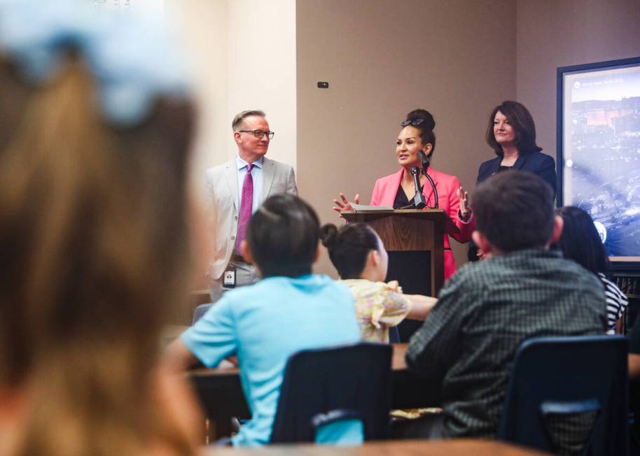 RoAnn Triana, Clark County School District chief human resources officer, addresses students an ...