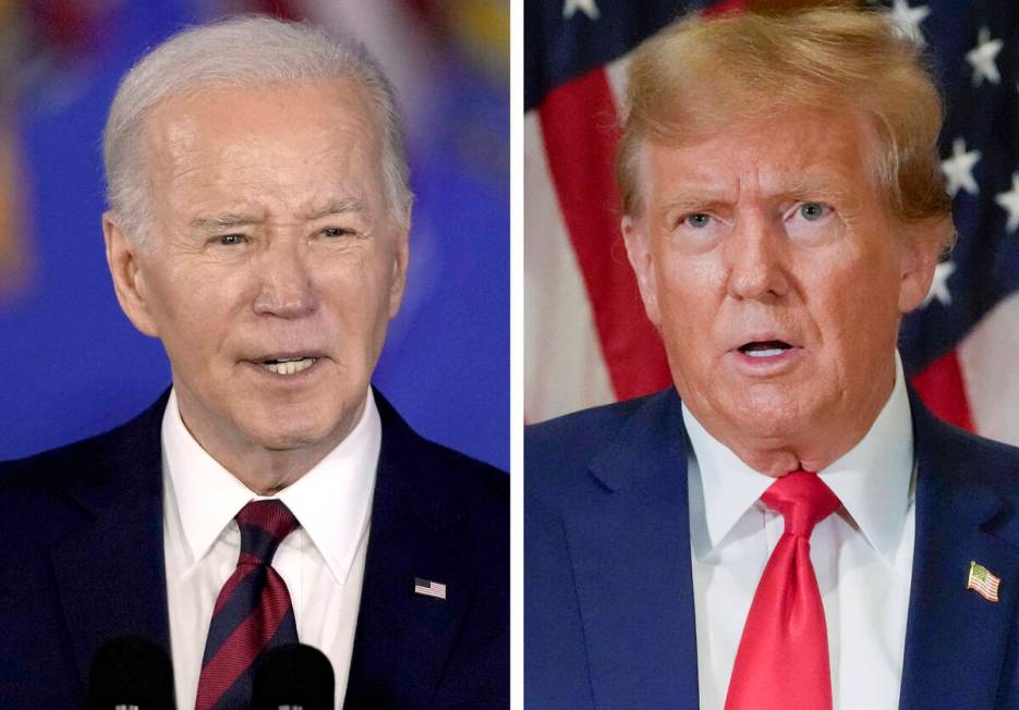 In this combination photo, President Joe Biden speaks in Milwaukee, March 13, 2024, left, and f ...