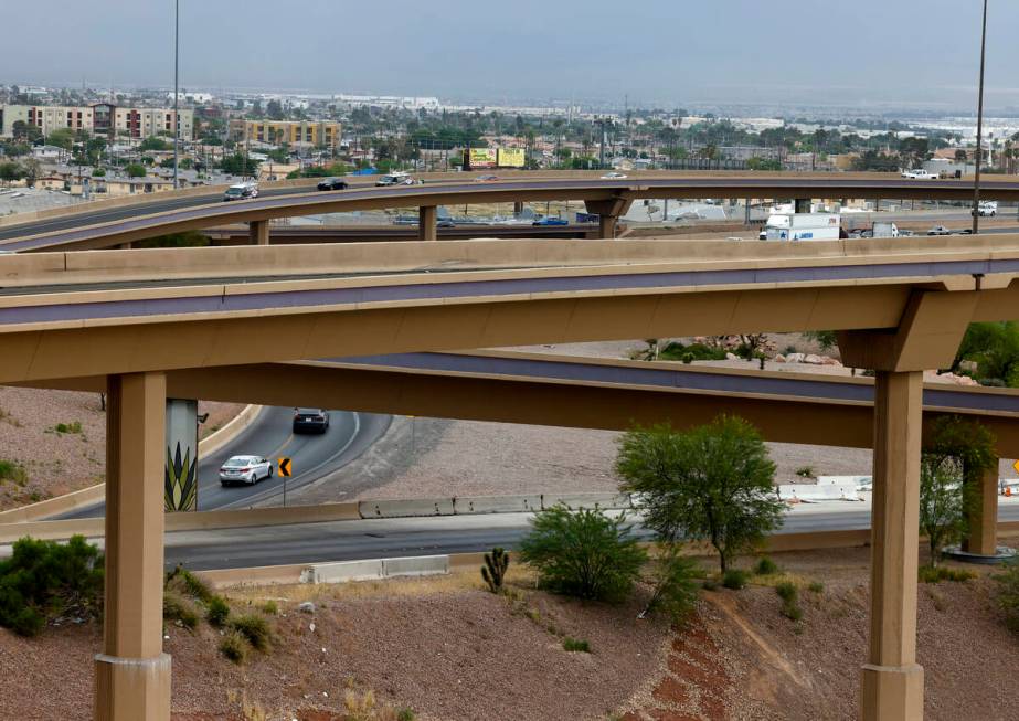 Motorists navigate on the U.S. 95 and Interstate 15 interchange, commonly called the “sp ...