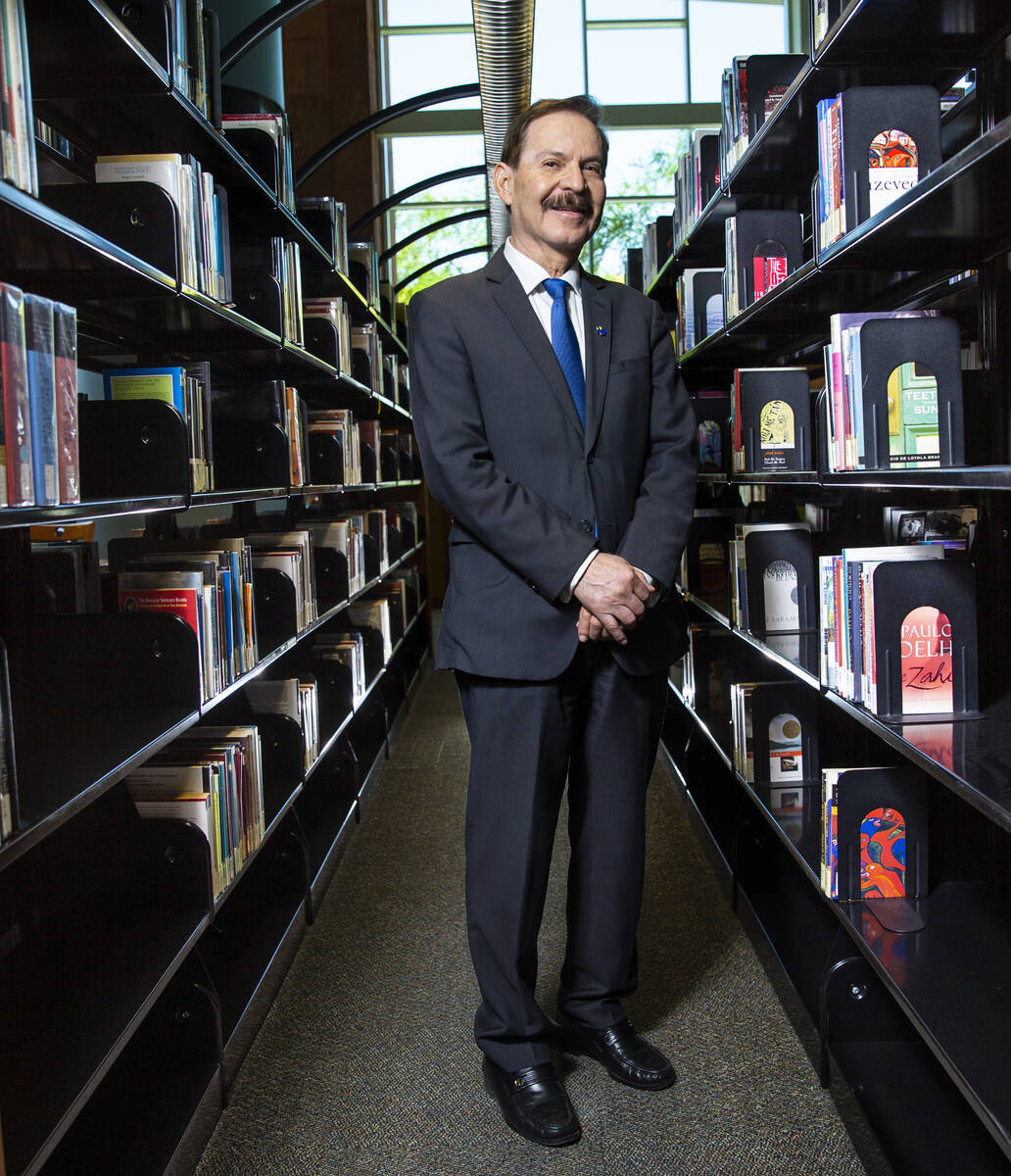 Federico Zaragoza, president of the College of Southern Nevada, poses for a portrait in the lib ...