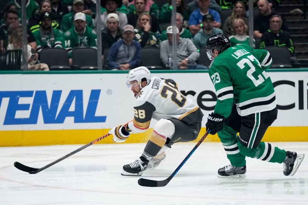 Vegas Golden Knights left wing William Carrier (28) controls the puck on an attack as Dallas St ...