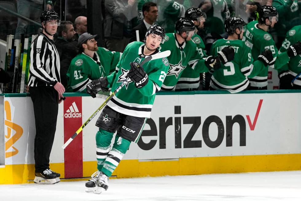 Dallas Stars' Jason Robertson celebrates his goal with the bench in the second period in Game 5 ...
