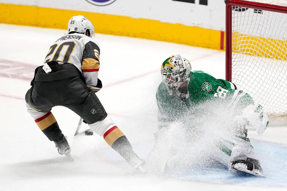 Vegas Golden Knights' Chandler Stephenson prepares to shoot as Dallas Stars goaltender Jake Oet ...