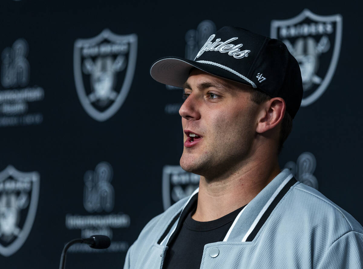 Raiders first round draft pick Brock Bowers speaks during a press conference at the Raiders Hea ...