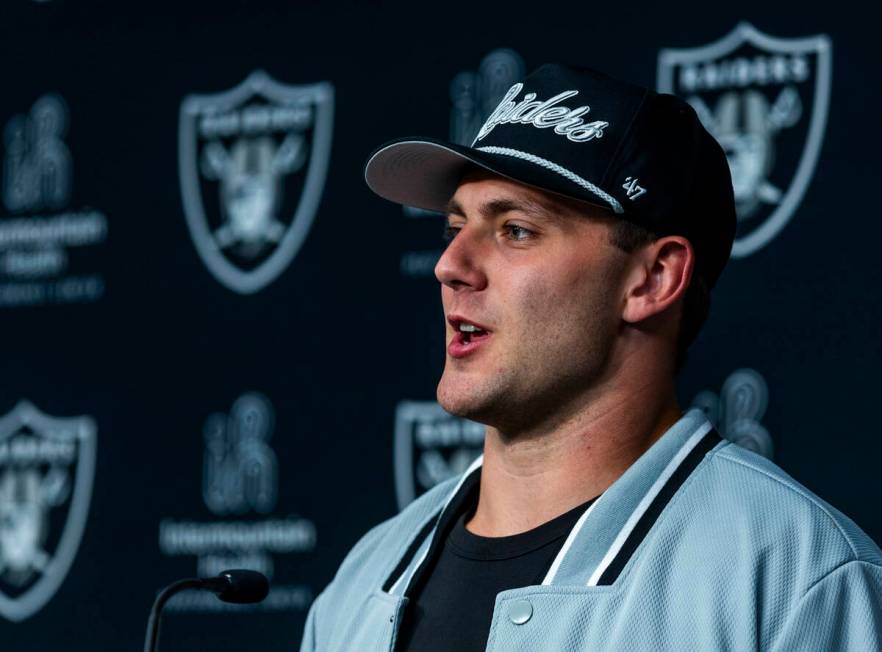 Raiders first round draft pick Brock Bowers speaks during a press conference at the Raiders Hea ...